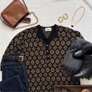 Vintage BBW Metallic Gold Snowflake Knit Sweater Collared 2X Made in Canada